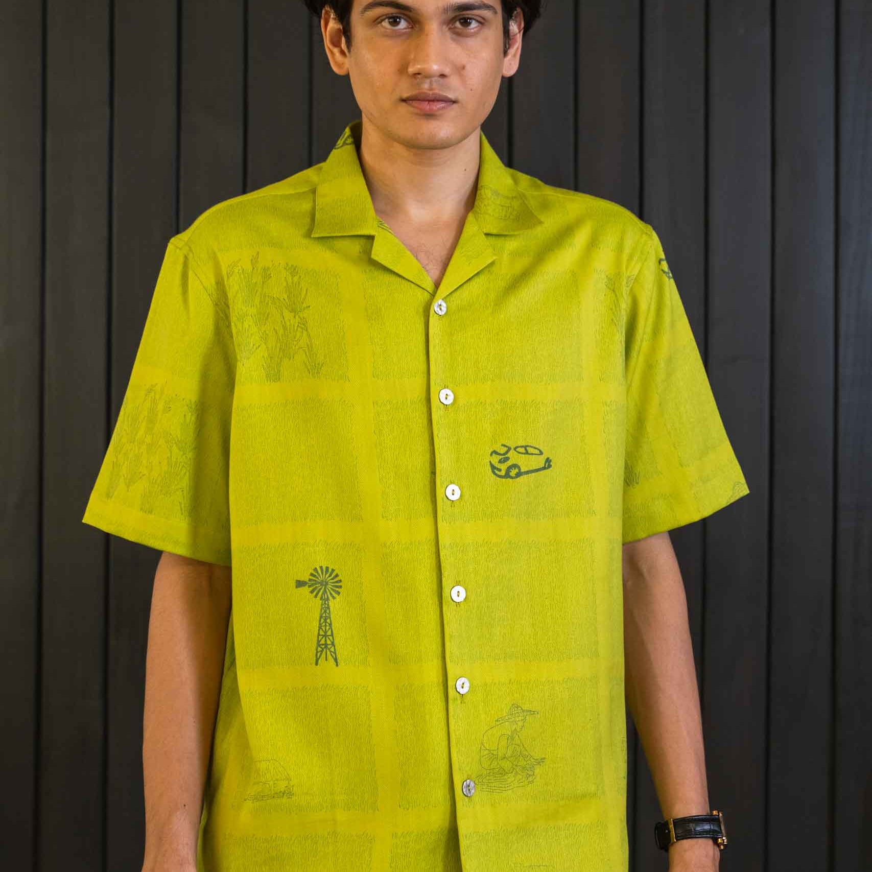 Lime Drive Shirt - Herringbone | Camp Collar | Short Sleeves