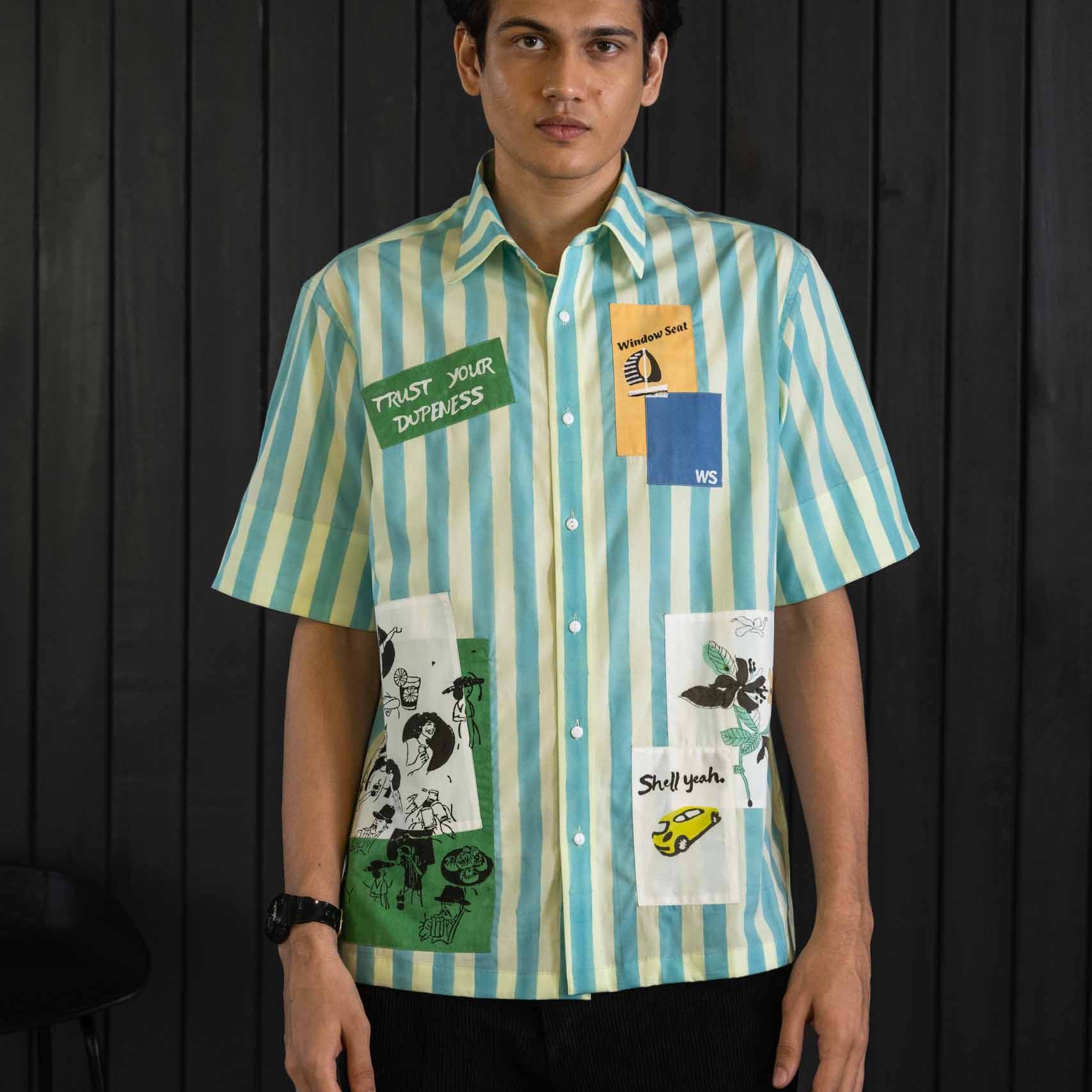 Striped Patch Shirt - Cotton Tencel | Classic Collar | Short Sleeves