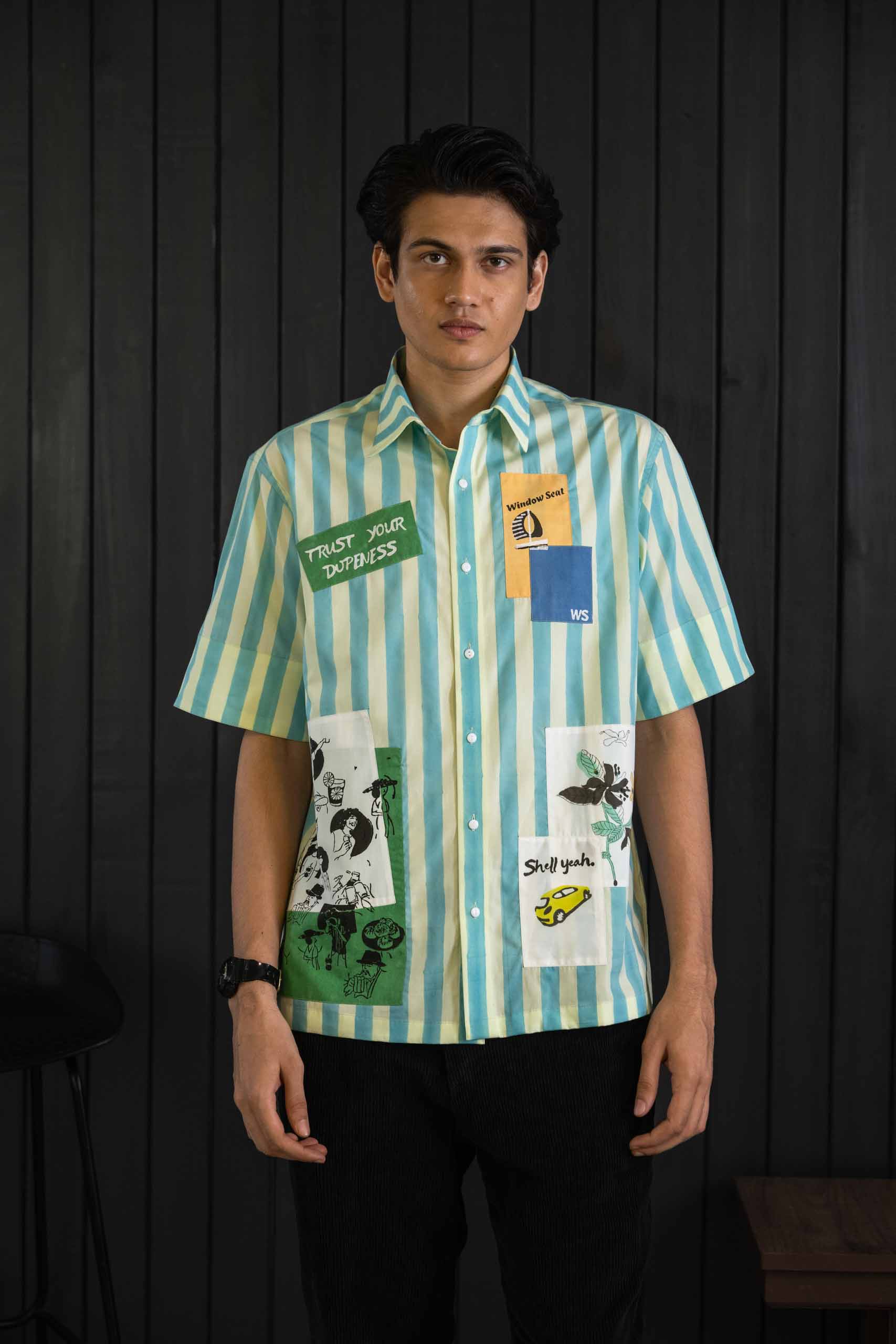 Striped Patch Shirt - Cotton Tencel | Classic Collar | Short Sleeves