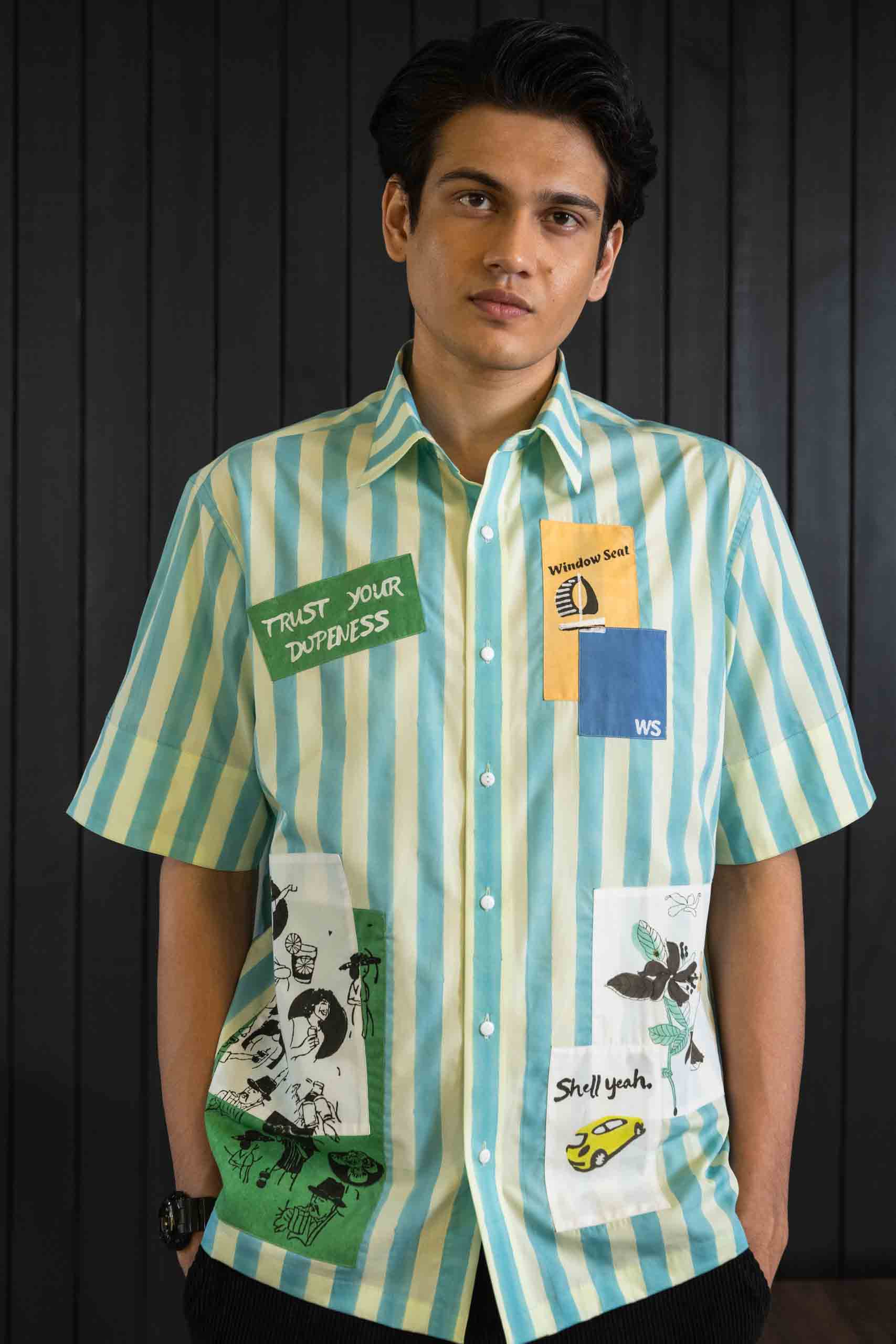 Striped Patch Shirt - Cotton Tencel | Classic Collar | Short Sleeves