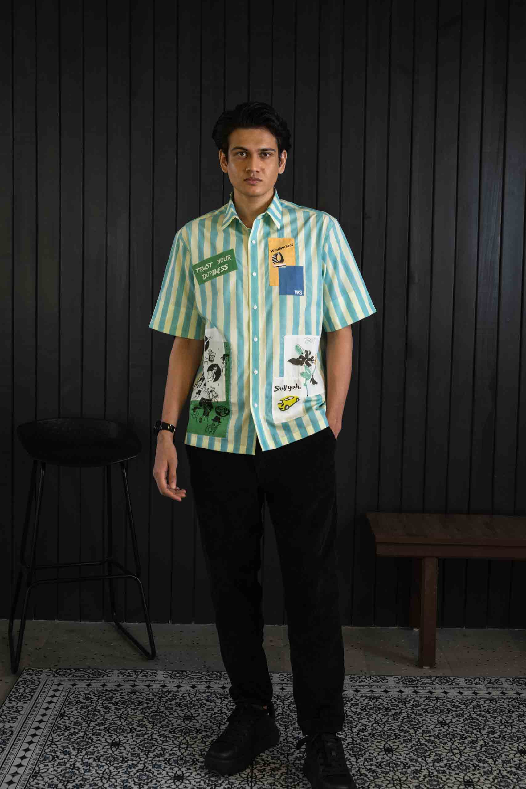 Striped Patch Shirt - Cotton Tencel | Classic Collar | Short Sleeves