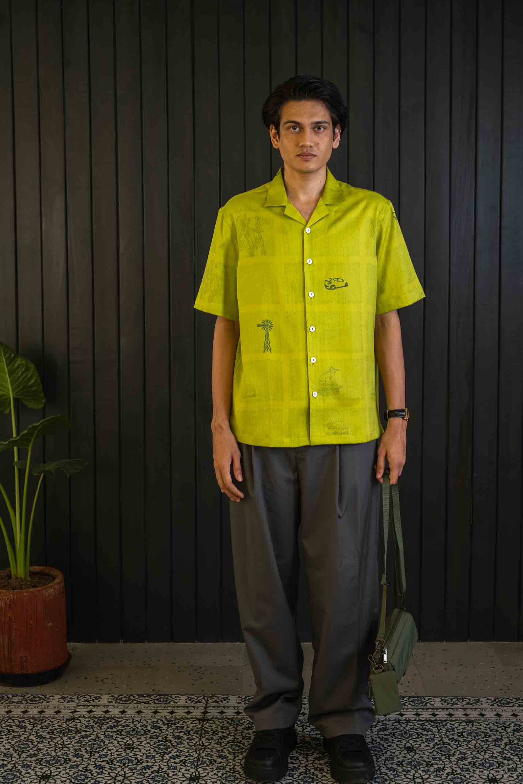 Lime Drive Shirt - Herringbone | Camp Collar | Short Sleeves
