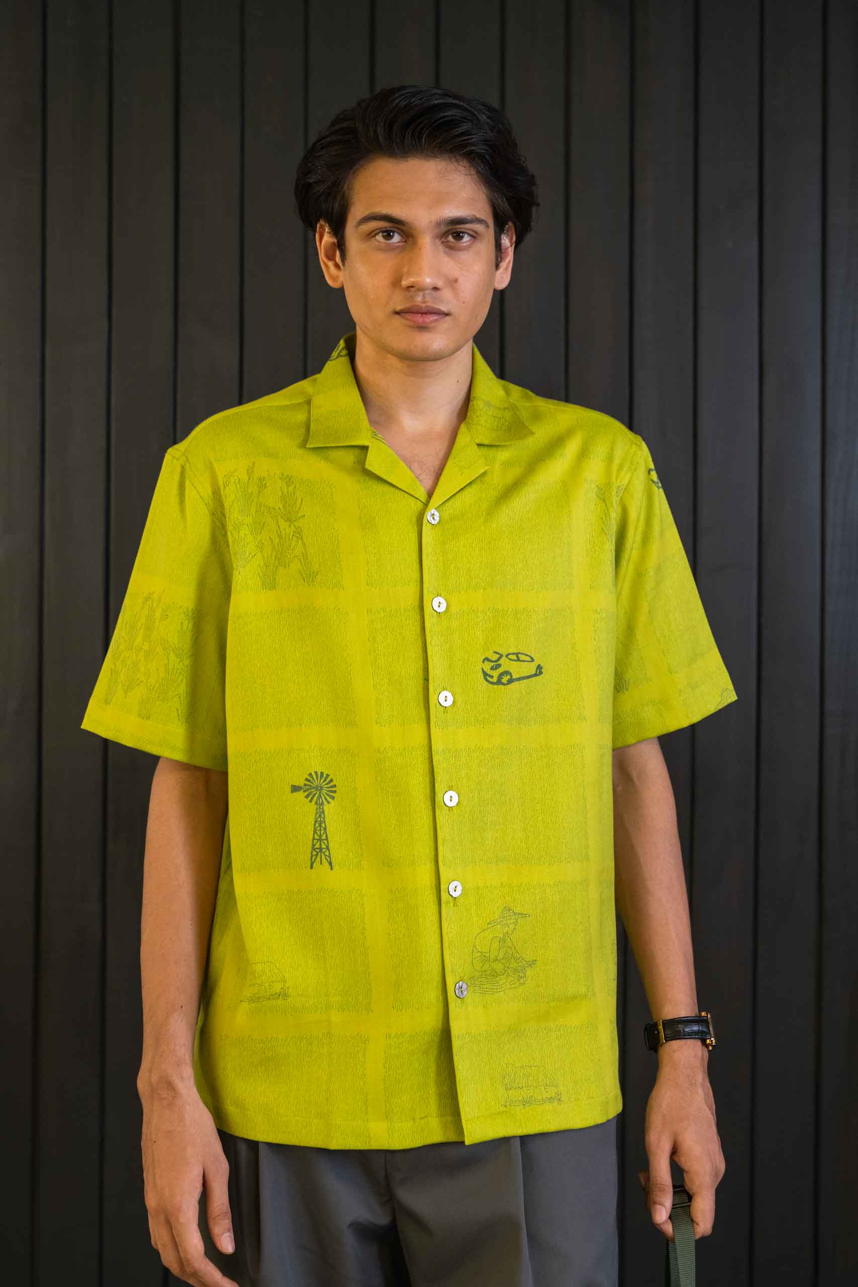 Lime Drive Shirt - Herringbone | Camp Collar | Short Sleeves
