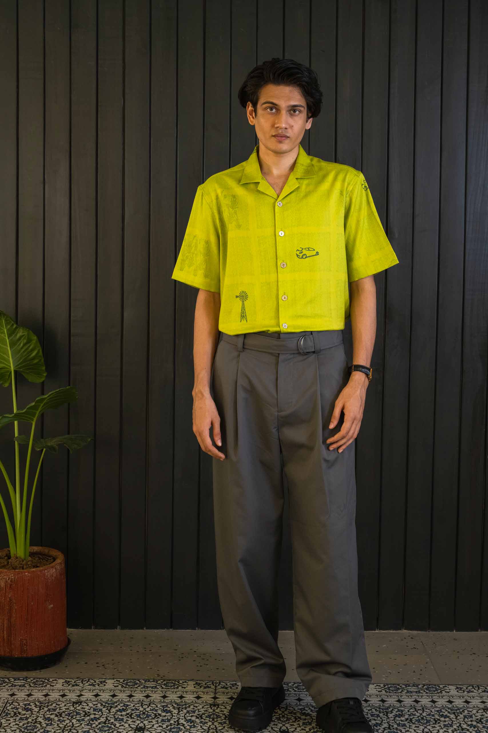 Lime Drive Shirt - Herringbone | Camp Collar | Short Sleeves