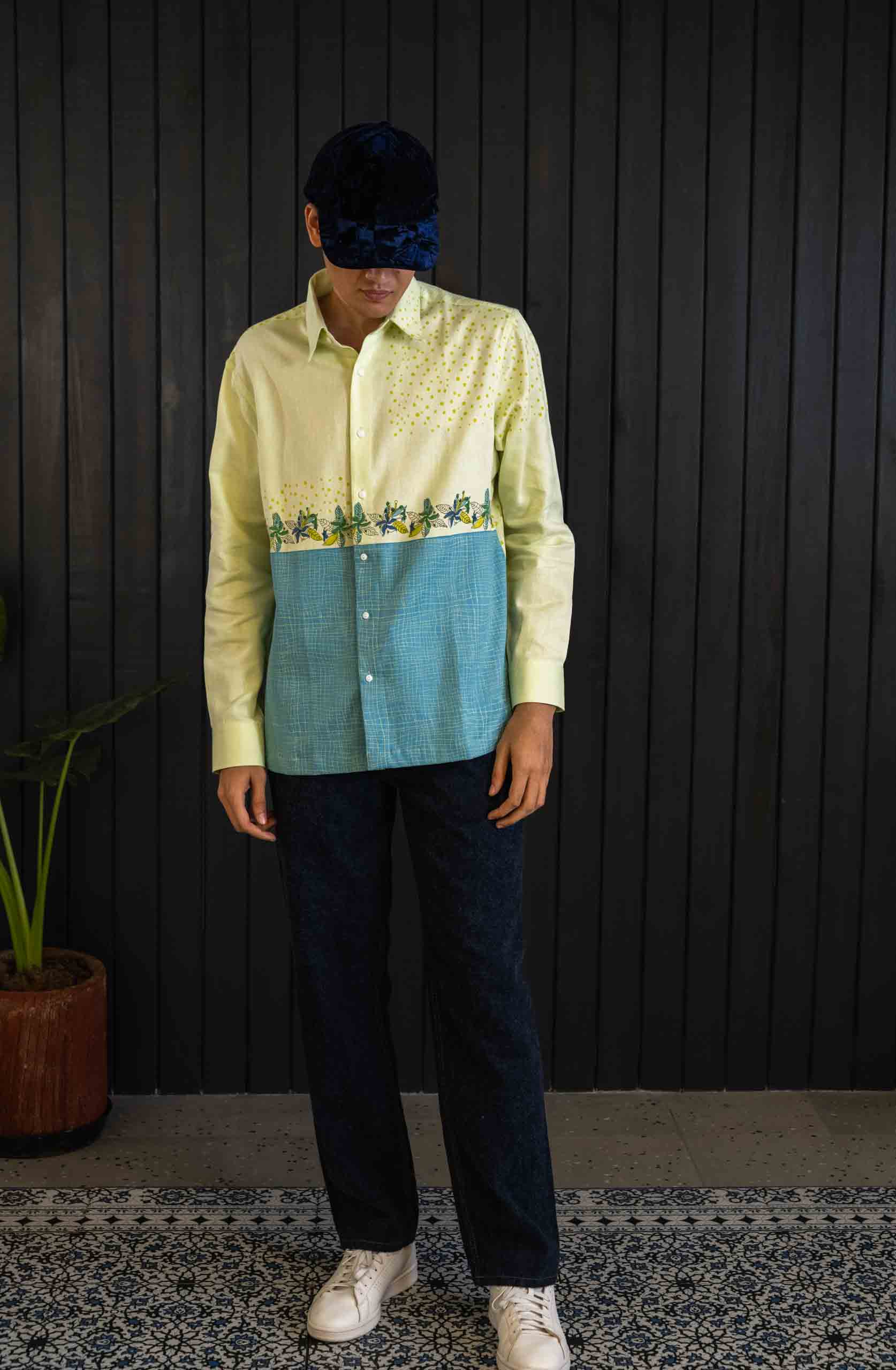 Two-tone Botanical Shirt - Herringbone | Classic Collar | Long Sleeves