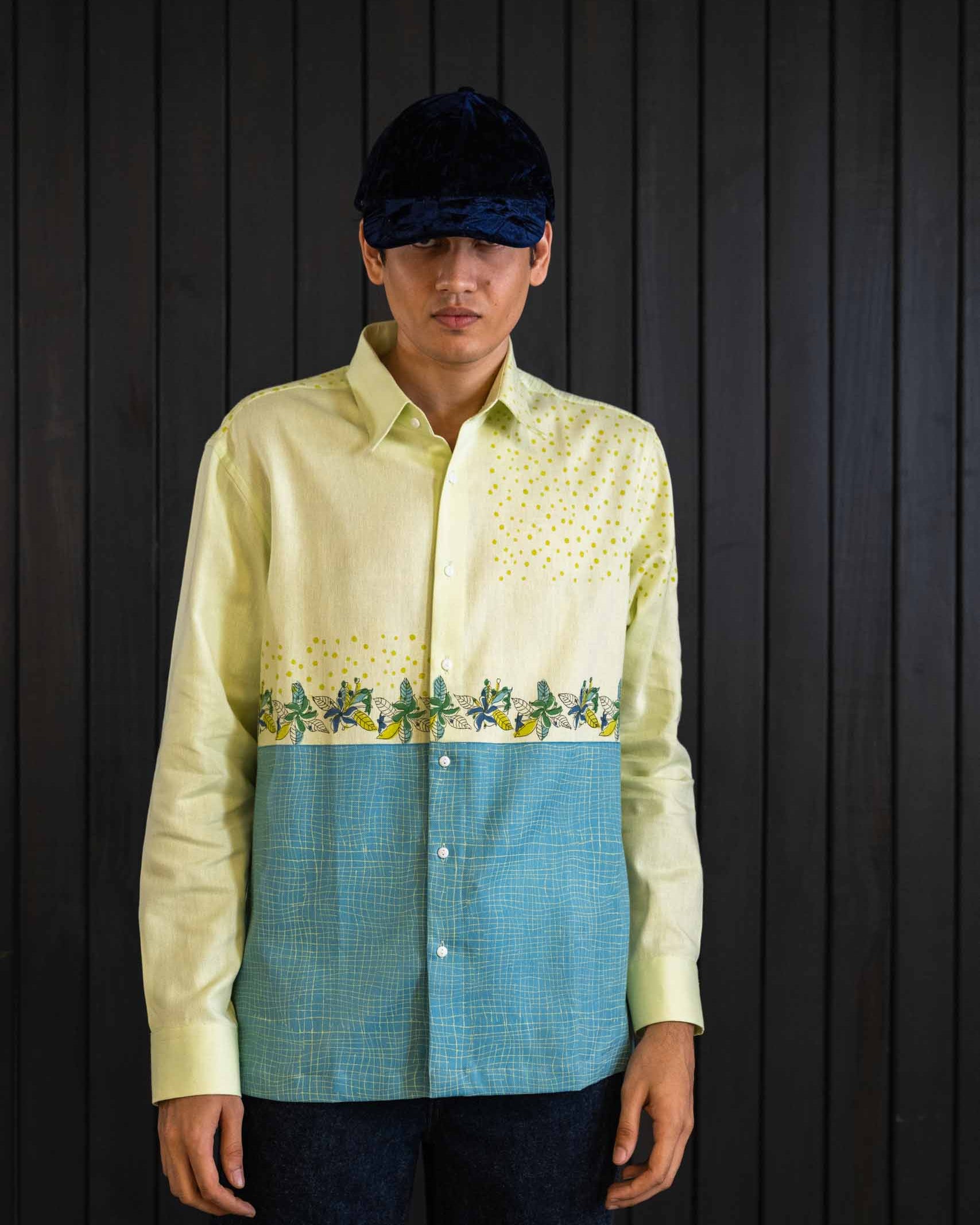 Two-tone Botanical Shirt - Herringbone | Classic Collar | Long Sleeves