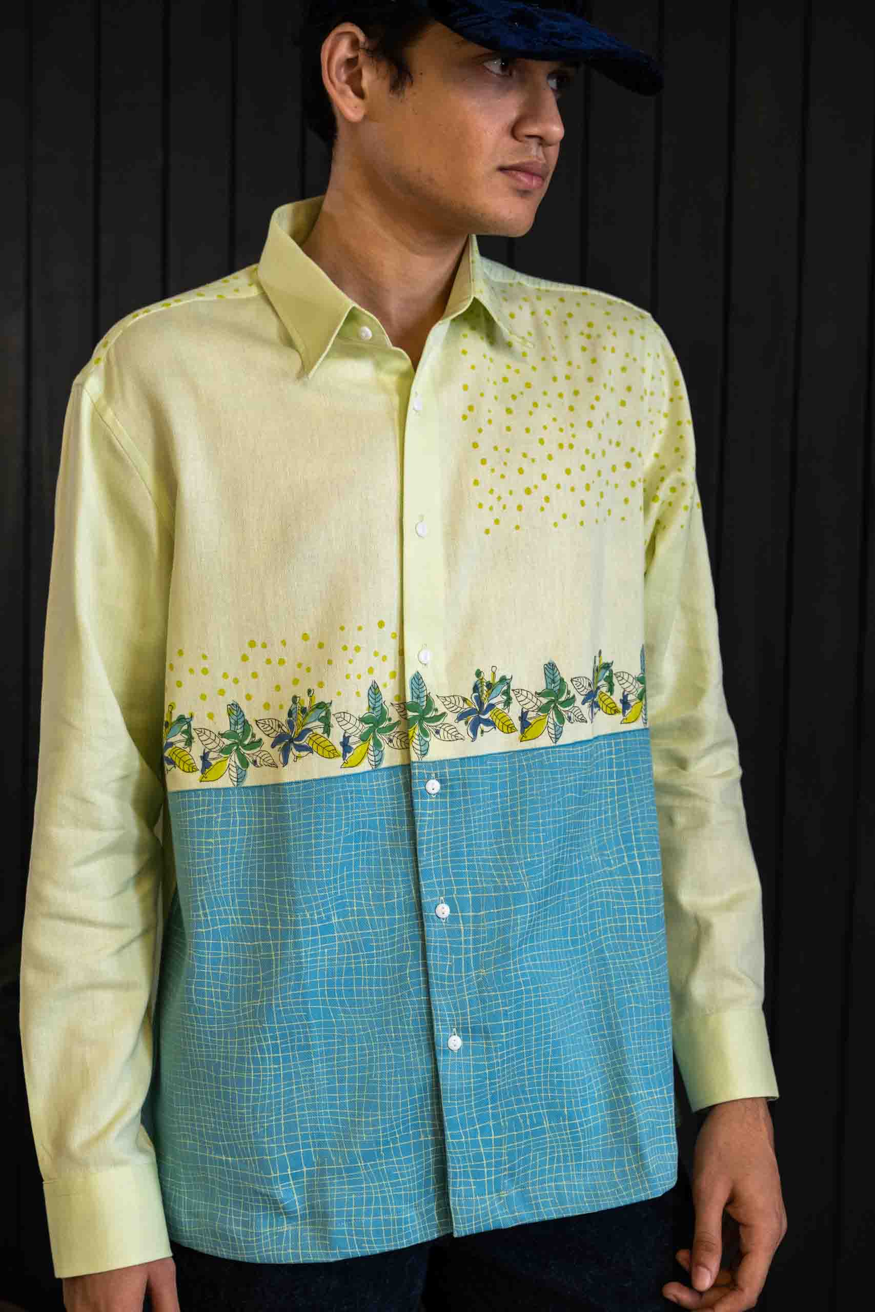 Two-tone Botanical Shirt - Herringbone | Classic Collar | Long Sleeves