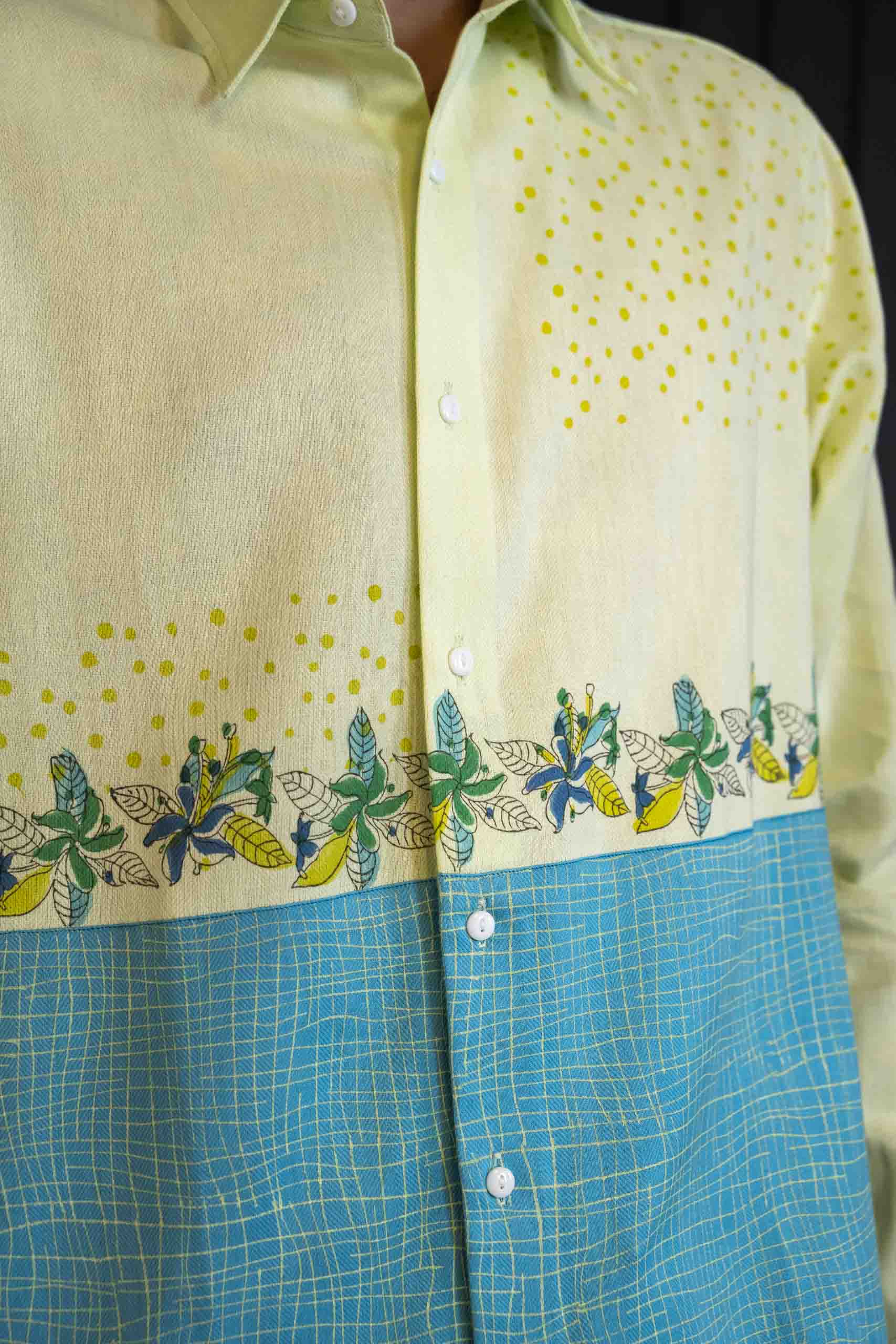 Two-tone Botanical Shirt - Herringbone | Classic Collar | Long Sleeves